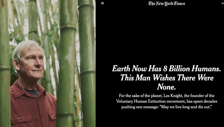 Death to humans! NYT profiles founder of ‘Voluntary Human Extinction movement’ – ‘Earth Now Has 8 Billion Humans. This Man Wishes There Were None’